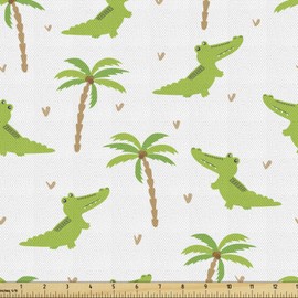 Lunarable Alligator Fabric by The Yard, Cartoon Crocodiles with Tropic Palm Trees Design Composition, Decorative Fabric for Upholstery and Home Accents, 1 Yard, Lime Green