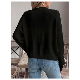 WDIRARA Women's Bow Button Down Cardigan V Neck Long Sleeve Drop Shoulder Knit Sweater Black Colorful Medium