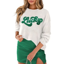 LEMAFER Women's 2024 St. Patrick's Day Sweater Green Sequin Lucky Letter Round Neck Casual Long Sleeve Sweatshirt Pullover Tops