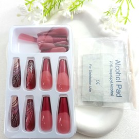 Long Press on Nails Coffin Fake Nails with Flower Lines Design Glue on Nails Red Gradient Nails Press ons Extra Long French Tip Acrylic Artificial Stick on Nail for Women 24Pcs