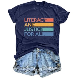 Reading Shirts for Women Cute Book Lover Gift Teacher T Shirt Literacy Education Letter Print Tee Tops Navy Blue