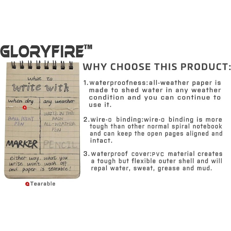 GLORYFIRE Waterproof Notebook 5 Pack 3X5 Inches 96 Pages Durable