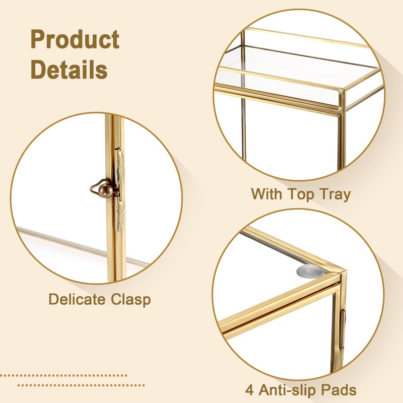 Glass Perfume Organizer Case Gold Cologne Holder with Vanity Tray