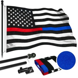 UD_G128 - 6 Feet Tangle Free Spinning Flagpole (Black) Thin Blue&Red Line Flag Brass Grommets Spun Polyester 3x5 ft (Flag Includ