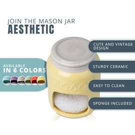 Comfify Ceramic Kitchen Sponge Holder - Farmhouse Style Sink Caddy - Mason Jar Decorative Kitchen Accessory - Country Rustic Sink Decor - Includes Free Sponge - Yellow