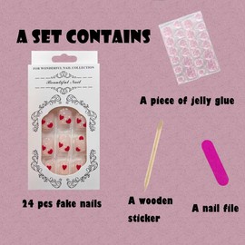 Juneyemo 24 Pieces French False Nails Shiny Square Short Heart Flower Pattern with Design Acrylic Nails for Women and Girls (H)