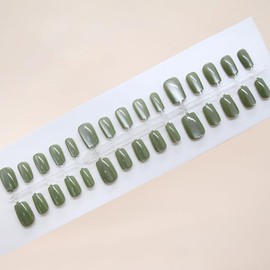 Solid Color Cat Eye Press-On Nails Kit – Reusable Fake Nails with Jelly Glue & Removal Tools, Gift Box Multiple Colors Available (Green Cat Eye)