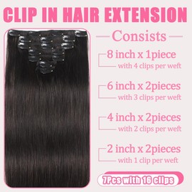 Clip in Hair Extensions Real Human Hair, 7Pcs 16 Inch Double Weft Seamless Invisible Human Hair Clip in Extensions, 85g Natural Black Straight Human Hair Extensions 100% Brazilian Remy Human Hair
