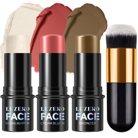 3Pcs Cream Contour Stick Makeup Kit,Shades with Highlighter Stick,Blush Stick and Bronzer Contour Stick for Sculpt the Cheeks,Long Lasting,Waterproof,Matte & Dewy Finish,Medium Tan(#18, 21, 24)