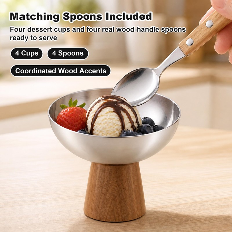 Lonshield Stainless Steel Dessert Bowls Set of 4 with Wooden