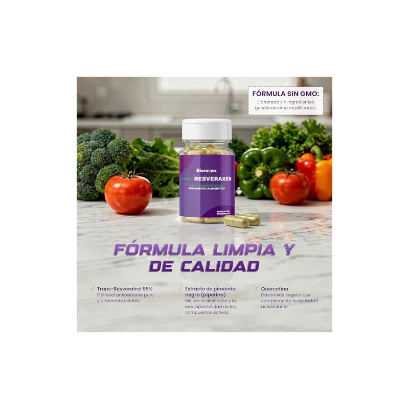 TRANS-RESVERAXEN 99% Trans-Resveratrol Puro | Complejo Antioxidante con Quercetina y