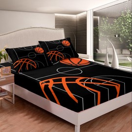 Basketball Sheet Set Twin Size Kids Basketball Court Sheets with Deep Pocket Fitted Sheet for Boys Girls Teens Gaming Sports Bed Sheets Set Breathable Sports Theme Black Bedding Set Room Decor