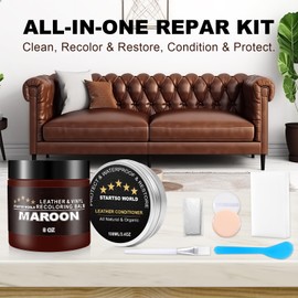 STARTSO WORLD 200ml Leather Recolouring Balm with 100ml Leather Conditioner, Maroon Leather Repair Kit for Furniture, Leather Scratch Remover,Leather Colour Restorer for Couches, Car Seats