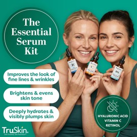 TruSkin Face Serum Trio - Vitamin C Retinol and Hyaluronic Acid Anti-Aging for AM PM All-Day Skincare Routine Brightening Smoothing Hydrating Facial 1plose each / 트루스킨 페이스 세럼 트리오 - 비타민 C 레티놀 및 히알루론산 안티에이징 포 AM PM 하루 종일 스킨케어 루틴 브라이트닝 스무딩 수분 공급 페이셜 각 1플로즈