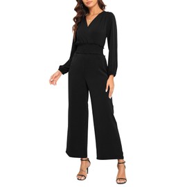 YUNDAI Womens Jumpsuit Fall Long Sleeve V Neck Casual Loose One Piece Outfits Wrap Waist Long Pants Romper with Pockets