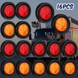 Woanger 16 Pcs 2'' LED Trailer Marker Lights 12v Flash Mount Round Trailer Lights 4 Diodes Waterproof Side Marker Light with Rubber Grommets Pigtails for Truck, Amber and Red