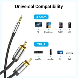 VENTION Cinch Kabel 3,5mm-Stecker auf 2 RCA-Steckerfür Audiokabel AUX Kabel Stereo-Y-Splitter-Adapterkabel, kompatibel mit Smartphones, Lautsprechern, Heimkino, TV, HiFi Anlage - 10m