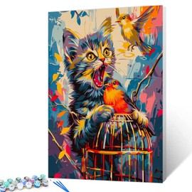 Tucocoo Home Animal Paint by Number Wildlife Pet DIY Painting on Canvas with Brushes Acrylic Paints Cute Cat Hold The Wine Cup Paint by Numbers for Adults and Kids Beginner 16x20 Inch（Without Frame）