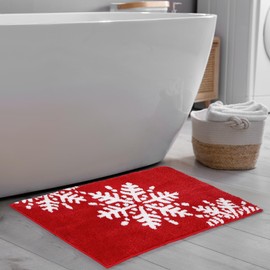 Tinideya Christmas Bathroom Rug 20 x 32'' Absorbent Bath Mat Christmas Snowflake Non Slip Rug Red and White Bathroom Decor Bath Shower Rug Xmas Bath Mat for Holiday Decoration(Elegant Pattern)