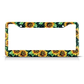 Beabes Bright Sunflower Pattern License Plate Frame Orange Green Color Novelty License Plate Frame License Plate Car Tag Holder Metal License Plate Frame for US Vehicles Standard