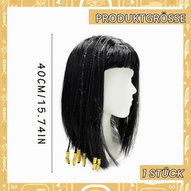 YAUOIPI Women's Egyptian Style Wig Costume Wig for Adults with Bangs and Golden Braiding Straight Black Bob Hair with Fringe for Halloween Costumes Vintage Party Decoration (Black)