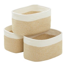 R RUNKA Small Cotton Rope Storage Basket Set of 3-11"x7"x7" Perfect Woven Baskets for Storage, Ideal Storage Baskets for Organizing Toys, Towels, and More - Baskets for Shelves（White & Mixed Camel）