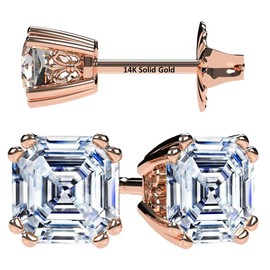 NANA Jewels 14K Solid Gold Posts & Sterling Silver Asscher Cut CZ Stud Earrings Hypoallergenic, 2.50cttw Rose