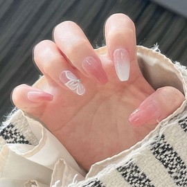 24pcs Glitter Short Coffin Stick-on Nails with Removable Glue, Full-cover Flower False Acrylic Press-on Fake Nails for Women Nail Art Accessories in Pink