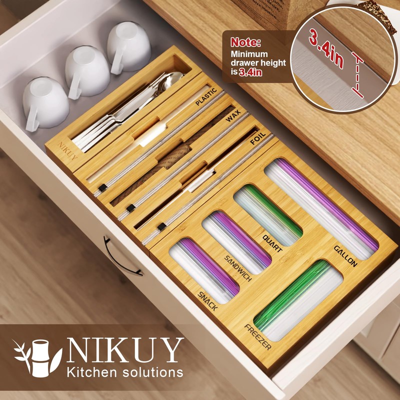NIKUY 9 IN 1 Bamboo Foil and Plastic Wrap Organizer