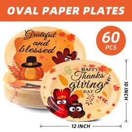 FATLBSEV 60PCS Thanksgiving Oval Paper Plates -10" x 12" Heavy Duty Party Plates for Fall and Thanksgiving Party