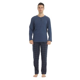 LANBAOSI Mens Lounge Wear Set Thermal Henley Shirts Long Sleeve Top & Flannel Plaid Pyjamas Bottoms Microfleece Nightwear Warm Pjs Sets