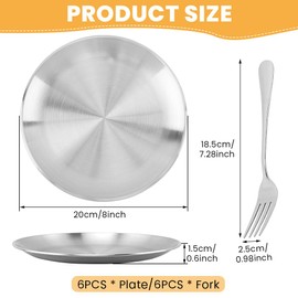 6Pcs 8 Inches Stainless Steel Plates 304 Metal Dinner Plates Dishes Round Serving Dishs Shatterproof & Reusable Dishwasher Safe, for Kids Toddlers Round Serving Plate