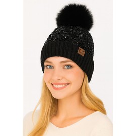 ScarvesMe Women Winter Soft Knit Party Shiny Sequin Cuff Beanie Hat with Pom (Black New)