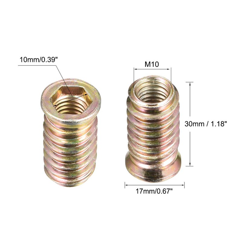 sourcing map Wood Furniture M10x30mm Threaded Insert Nuts Interface Hex