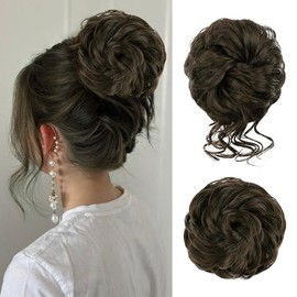 Vigorous Messy Bun Hair Piece for Women - 2PCS Synthetic Hair Pieces with Tousled Updo Hair Buns & Wavy Curly Texture Scrunchies Chignon Ponytail  - Easy to Wear & Versatile for Daily Use:_6AH30# Dark Brown & Golden Brown