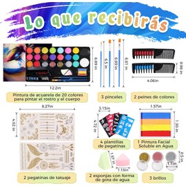 Pintacaritas Base Agua, Kit de 20 Colores Pintura Facial y Corporal, Pintura para Maquillaje Artistico, con Polvos para El Cabello, Pinceles y Plantillas, para Halloween, Navidad, Año Nuevo y Cosplay