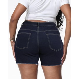 Gocolloa Women Plus Size Jean Shorts Stretchy High Waisted Frayed Raw Hem Denim Shorts Dark Blue 20W