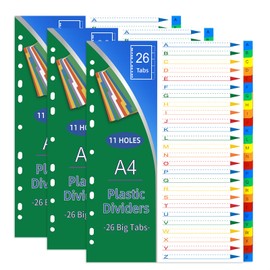 komstuon 26-Tab A4 Plastic Binder Dividers-3 Sets,A-Z letter File Dividers Multicolor Binder Dividers with Tabs,11 Hole Fits Most 2/3/4 Ring Binder