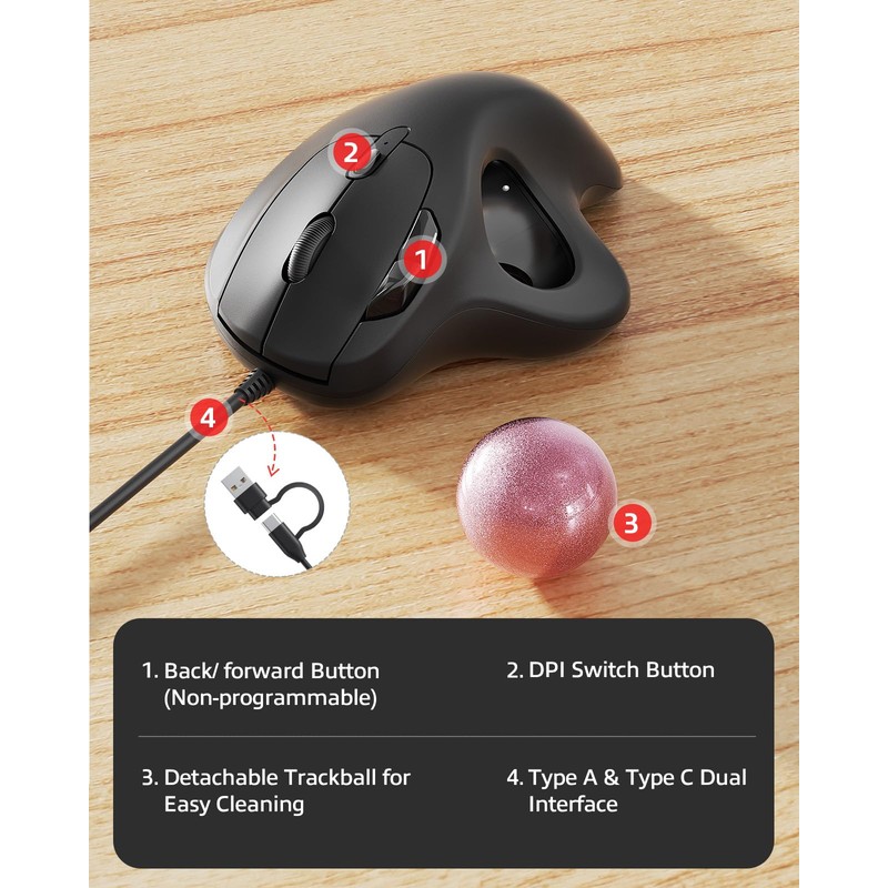 Nulea M509 Trackball Mouse Wired, Ergonomic Design, Easy Thumb Control,