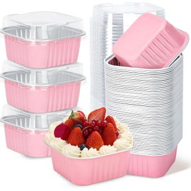 ylnurac - Paquete de 30 moldes para tartas de 5 onzas rosas, con tapas, moldes de papel de aluminio, recipientes individuales para postre para ventas, fiestas, picnics