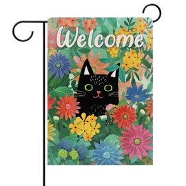 Dyrenson Welcome Spring Black Cat Decorative Garden Flag, Kitty House Yard Lawn Daisy Pansy Red Blue Flower Floral Outside Decoration, Summer Seasonal Farmhouse Outdoor Small Burlap Porch Decor 12x18