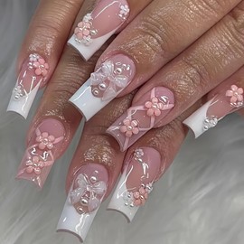 24 Pcs Long Square Press on Nails White French Fake Nails Nude Pink False Nails with Floral Bow Knot Pearl Designs Glossy Stick on Nails Artificial Nails for Women Girls
