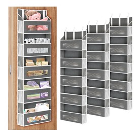 3 Packs 5-Tier Over the Door Storage Organizer with 10 Side Mesh Pockets, 48 lbs Load Capacity, 3 Hooks Design, Hanging Organizer with Clear Windows for Bathroom, Bedroom, Nursery, Kitchen-Grey