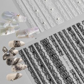 WBYFDCRT Nail Stickers, Lace, Black and White, 2 Colors, Set of 3D, 3D, Ballet Style, Ribbon, Rose Pattern, Compatible with Gel Nails, Nail Art, Nail Parts, DIY Self-Nails, Wedding Nails
