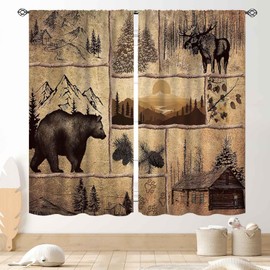 Cortinas de cabaña rústica, retro de estilo rústico, oso de granja, ciervo, alce, caza, animales salvajes, cabaña del bosque, campo, tratamientos de ventana clásico para recámara, sala de estar,