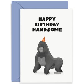 Old English Co. Funny Gorilla Birthday Card for Him - 'Happy Birthday Handsome' Happy Birthday Card for Dad, Brother, Son, Husband - Humour Birthday Wishes for Men | Blank Inside with Envelope