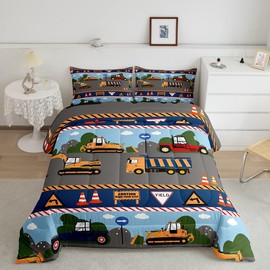 Feelyou Kids Construction Comforter Set Equipment Trucks Bedding Set for Boys Decor Indicator Cartoon Car Comforter Construction Vehicles Grey Duvet Set Queen Size with 2 Pillow Case Boys