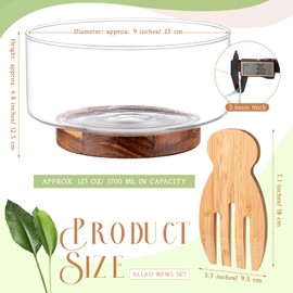 FillTouch 125 oz Large Glass Salad Bowl Set with Wooden Base and Fork Trifle Glass Mixing Bowl with Serving Utensils for Fruits, Popcorn, Chips, Pasta(125 oz)