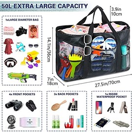 Qcfang Mesh Beach Tote Bag 27.5x14.1 Inch Foldable Extra Large Toy Tote Bag Lightweight Oversized 9 Pockets Picnic Bag Reusable XL Shopping Grocery Bag