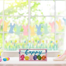 Happy Easter Decorations Colorful Easter Eggs Table Sign Wooden Tabletop Farmhouse Rustic Bunny Rabbit Table Decor for Home Tiered Tray